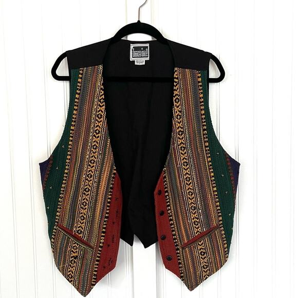 Vintage Jackets & Blazers - Vintage Funky Vest Woven Beaded Animal Print Ethnic Native Colorful Tuxedo Fit